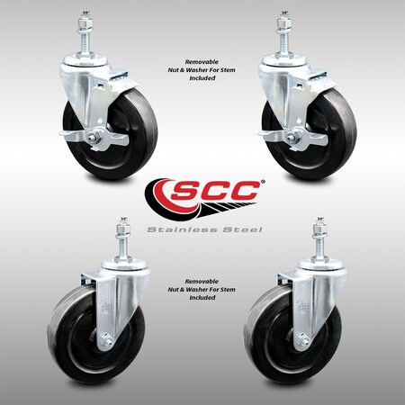 Service Caster 5 Inch SS Hard Rubber Wheel Swivel 3/8 Inch Threaded Stem Caster Brakes, 2PK SCC-SSTS20S514-HRS-381615-2-TLB-2